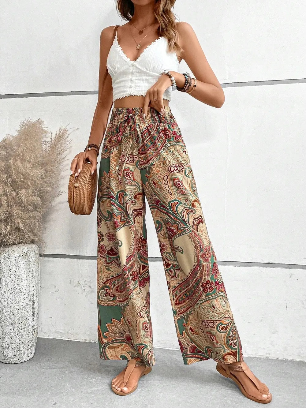 Printed Wide Leg Pants - Korvel