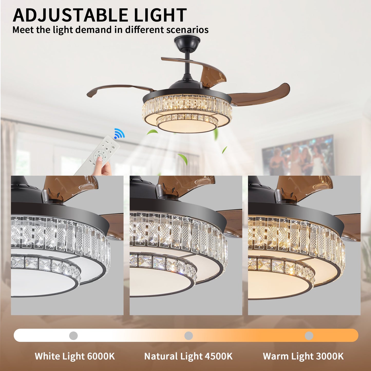 Modern LED retractable ceiling fan with lighting and remote control, silent reversible motor, 4-blade modern ceiling fan - Korvel