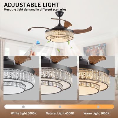 Modern LED retractable ceiling fan with lighting and remote control, silent reversible motor, 4-blade modern ceiling fan - Korvel