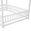 Full Size Floor Wooden Bed with House Roof Frame and Guardrails - White