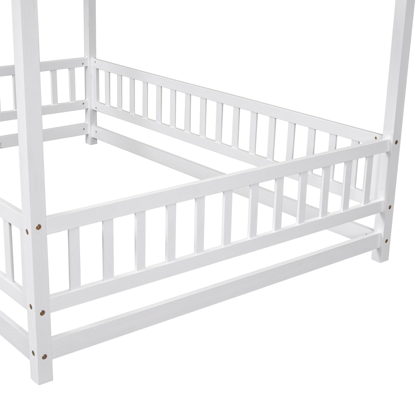 Full Size Floor Wooden Bed with House Roof Frame and Guardrails - White