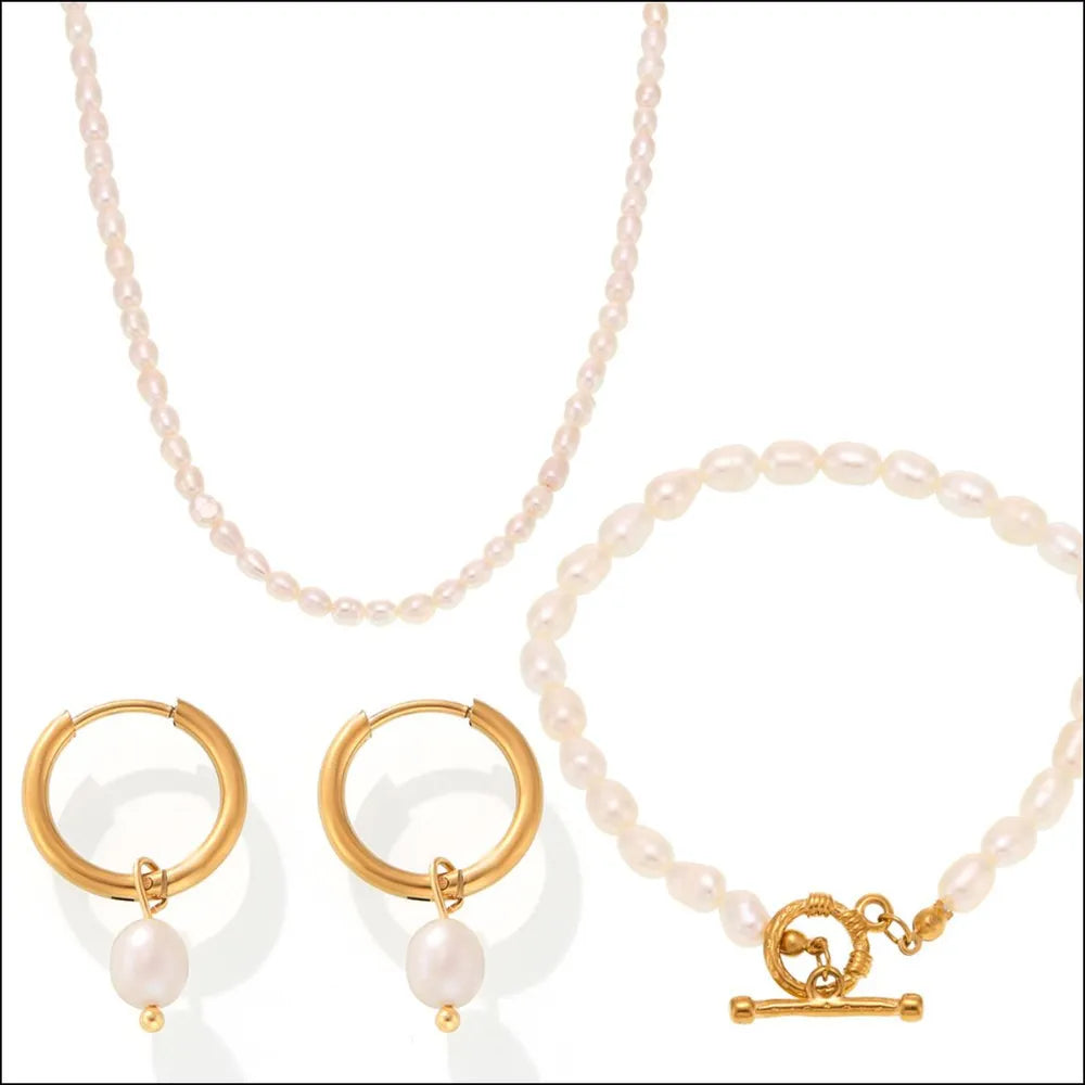 Pearl Necklace, Bracelet and Earrings 4-Piece Jewelry Set - Korvel