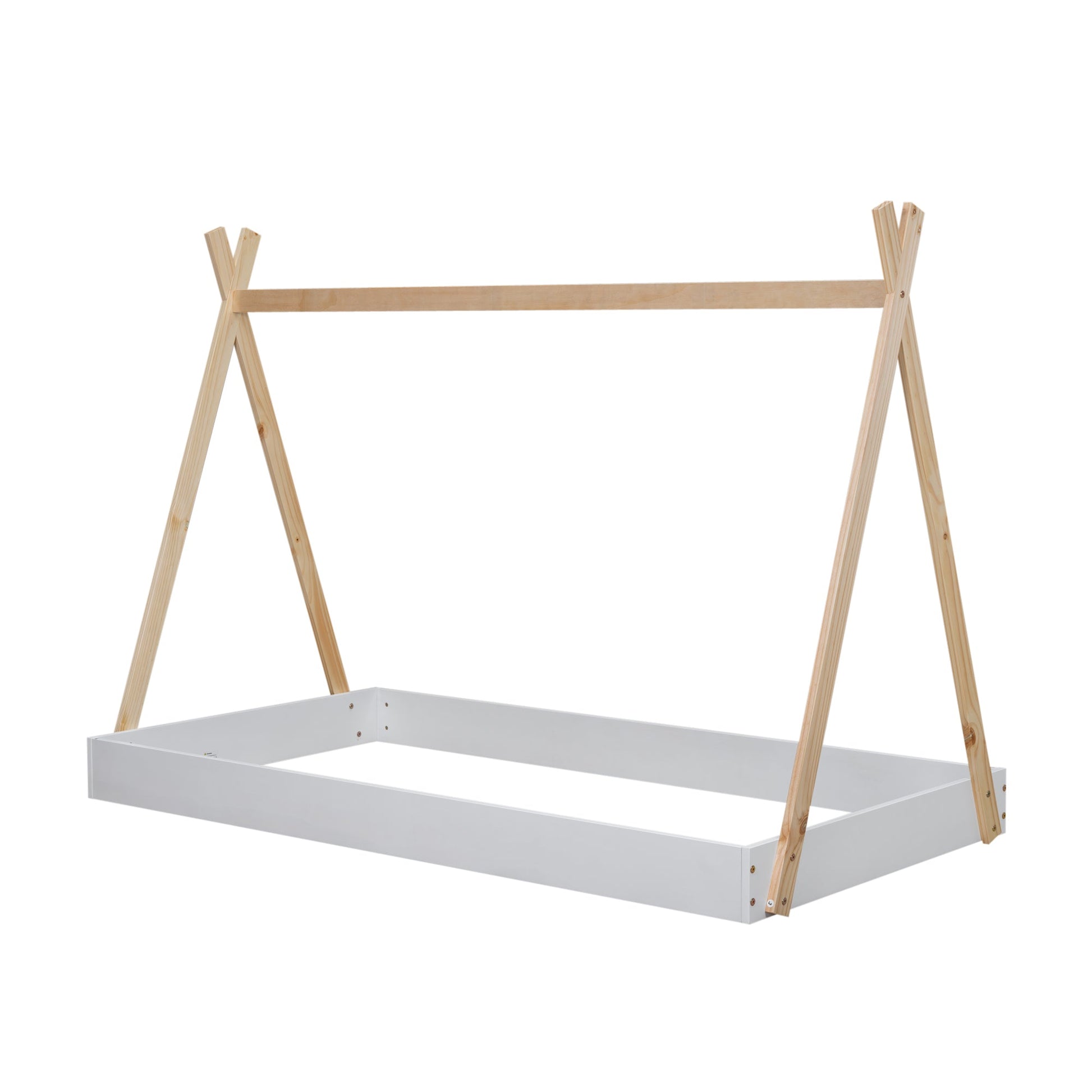 Twin Size Tent Floor Bed with Triangle Structure  White+Natural - Korvel