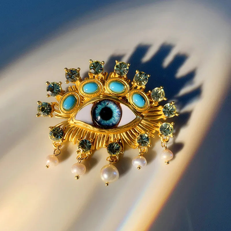 New Exaggerated Devil's Eye Brooch Baroque Pearl Tassel for Men Women Unisex Pin Jewelry European And American Vintage - Korvel
