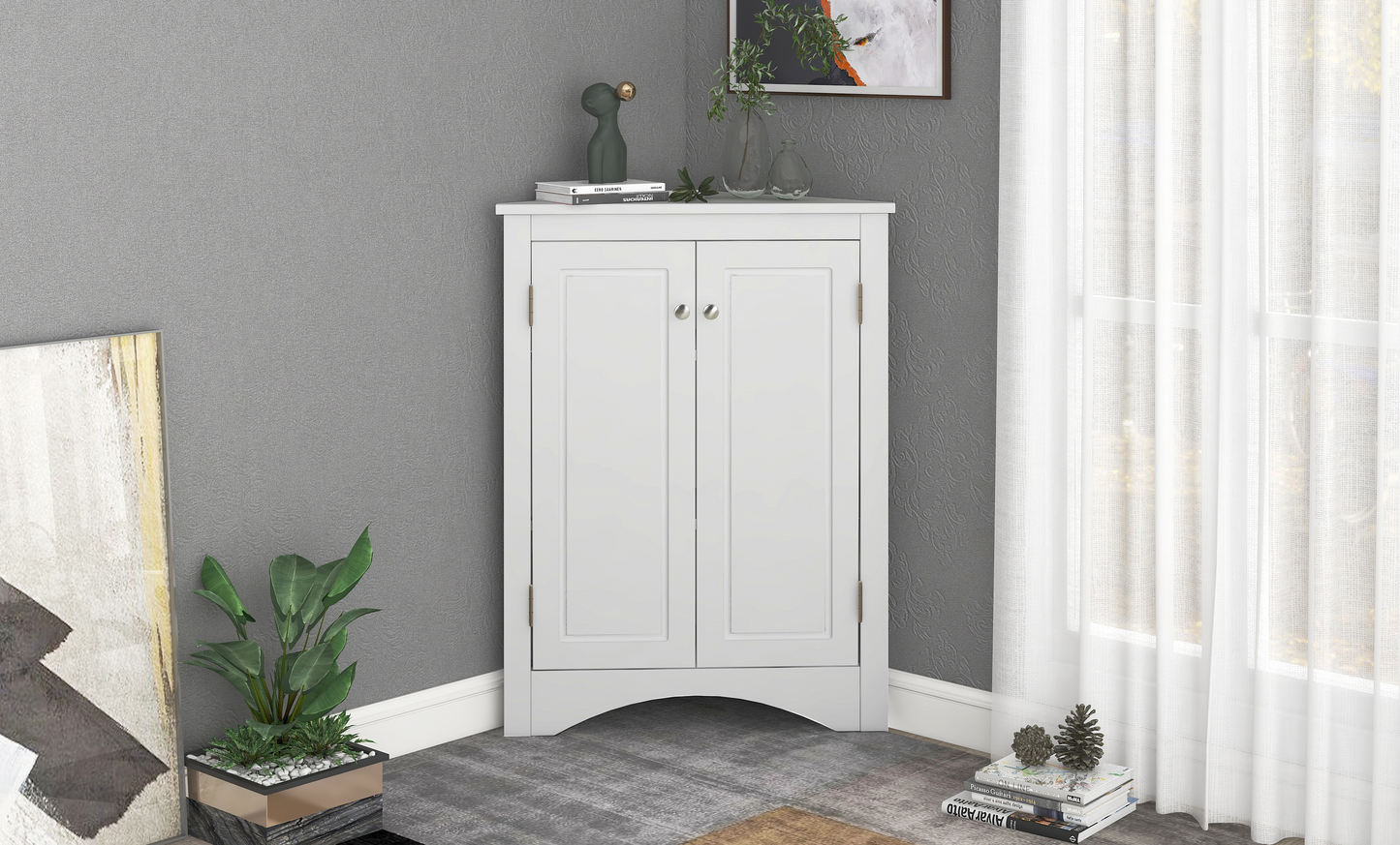 Elegante gabinete de almacenamiento triangular blanco con estantes ajustables