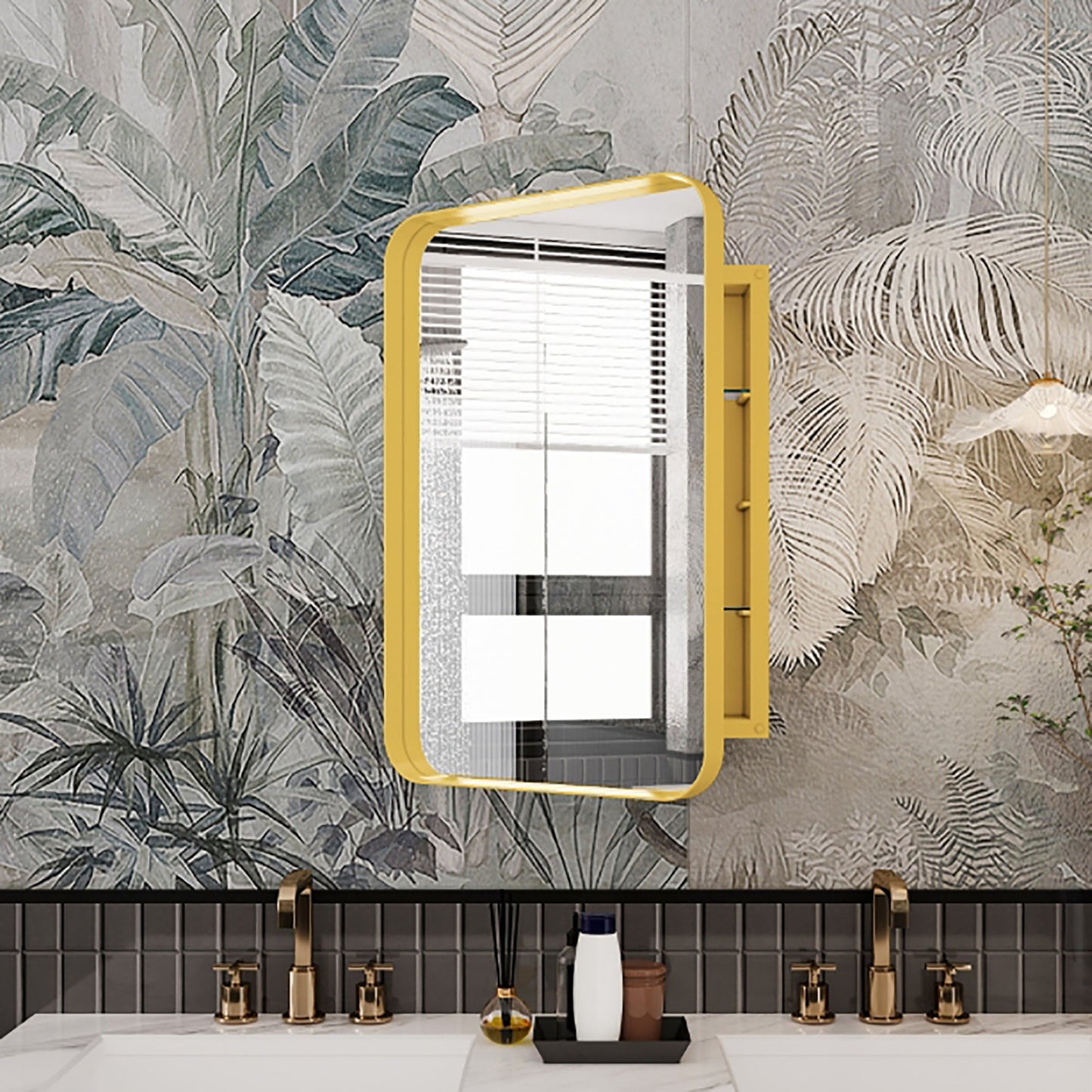 16x24 inch embedded metal frame medicine cabinet with mirror storage cabinet and adjustable shelf matte gold - Korvel