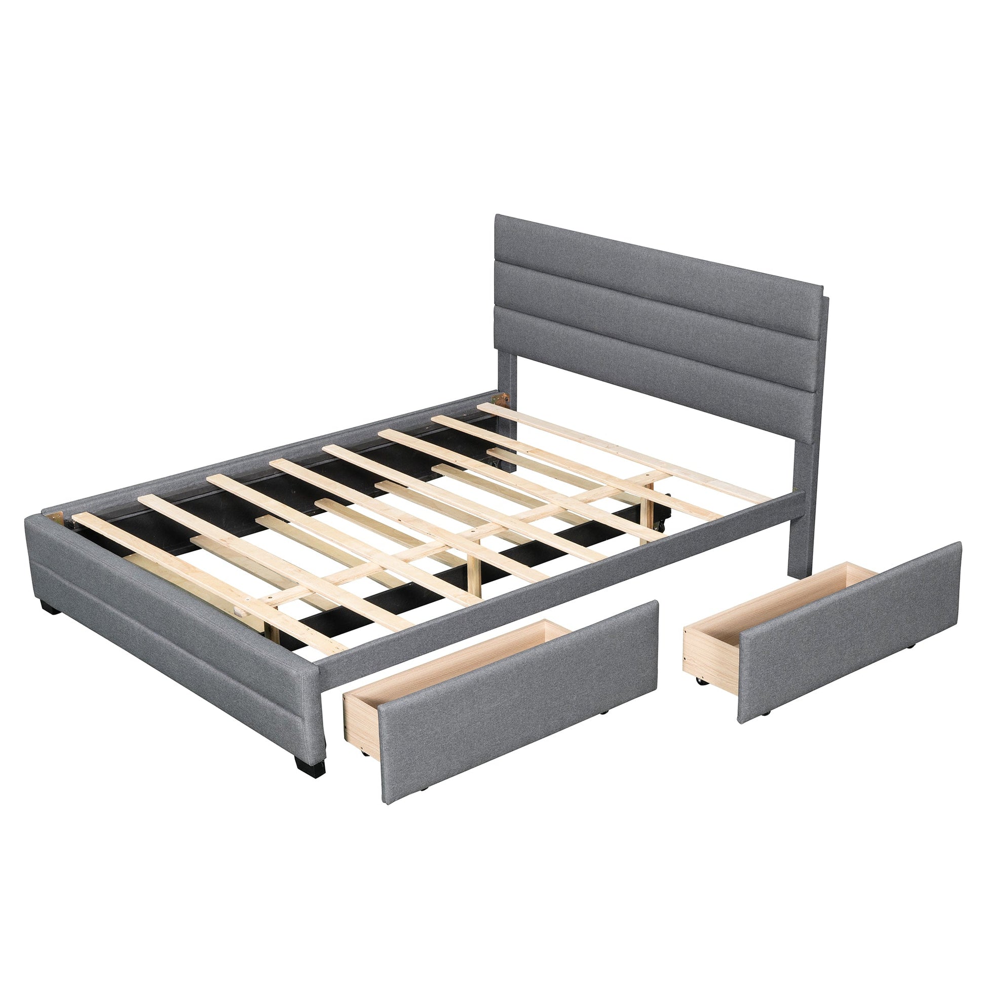 Queen Upholstered Platform Bed with Twin Size Trundle and Two Drawers Grey - Korvel