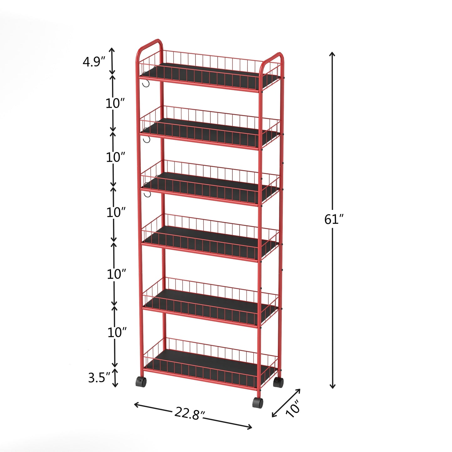Red 6-story ultra-thin rolling storage cart, mobile shelves with wheels, metal wire storage rack with baskets - Korvel