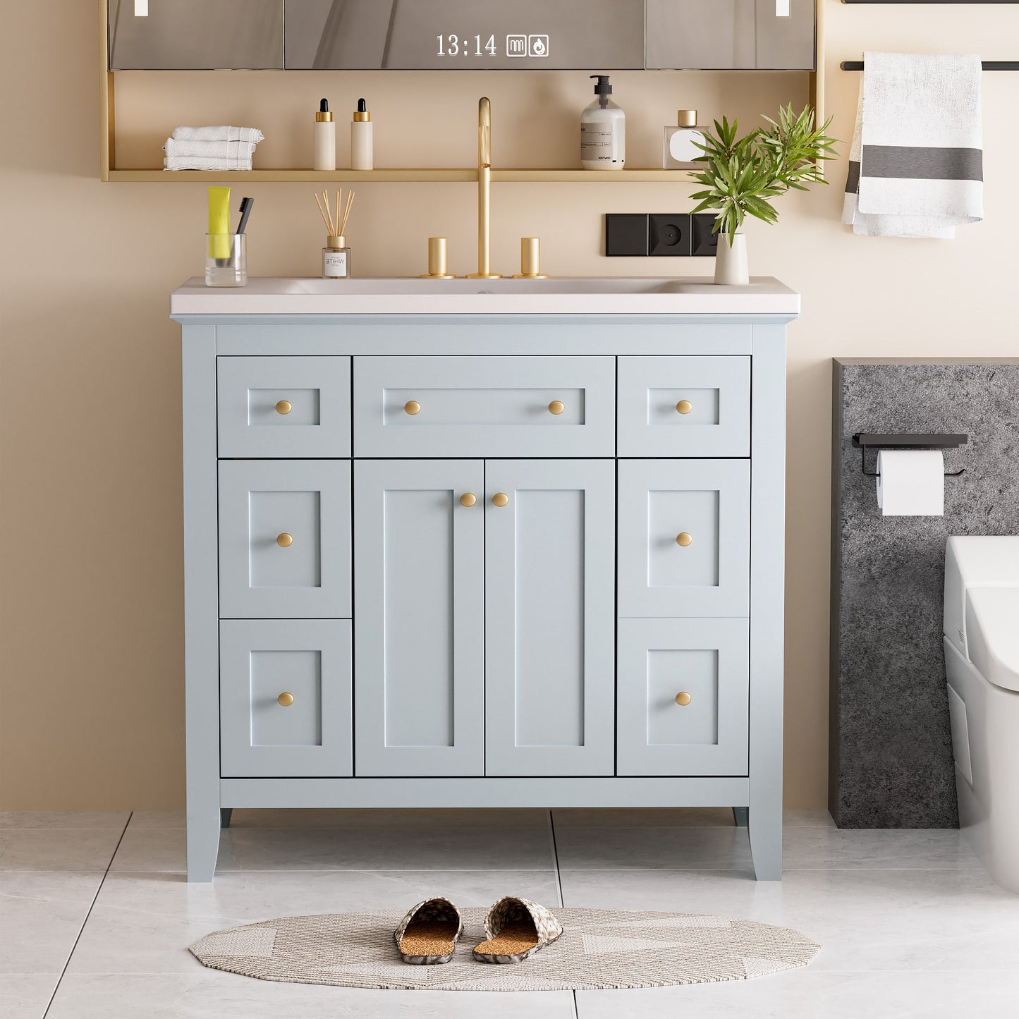 Meuble de salle de bain bleu clair de 36" avec évier en résine et rangement