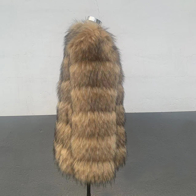 Women's Faux Raccoon Patchwork Synthetic Fur Overcoat