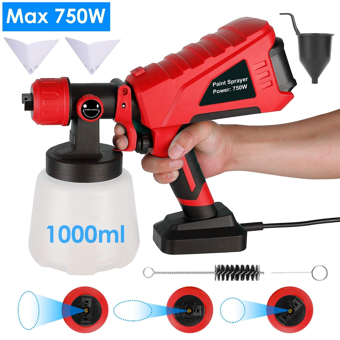 Pulverizador de pintura eléctrico HVLP de 750W con 3 patrones de pulverización