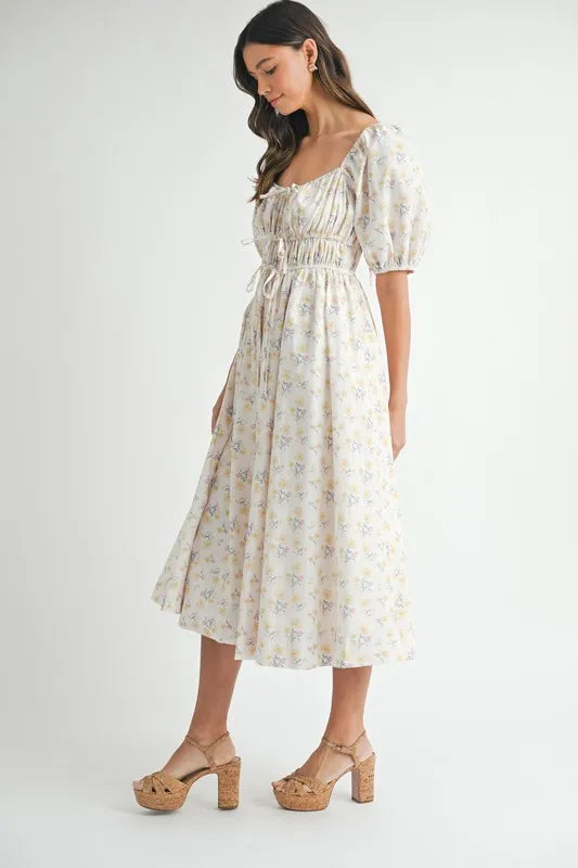 Floral Drawstring Detail Puff Sleeve Midi Dress