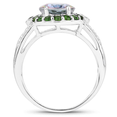 3.92 Carat Genuine Rainbow Quartz & Chrome Diopside Sterling Silver Ring