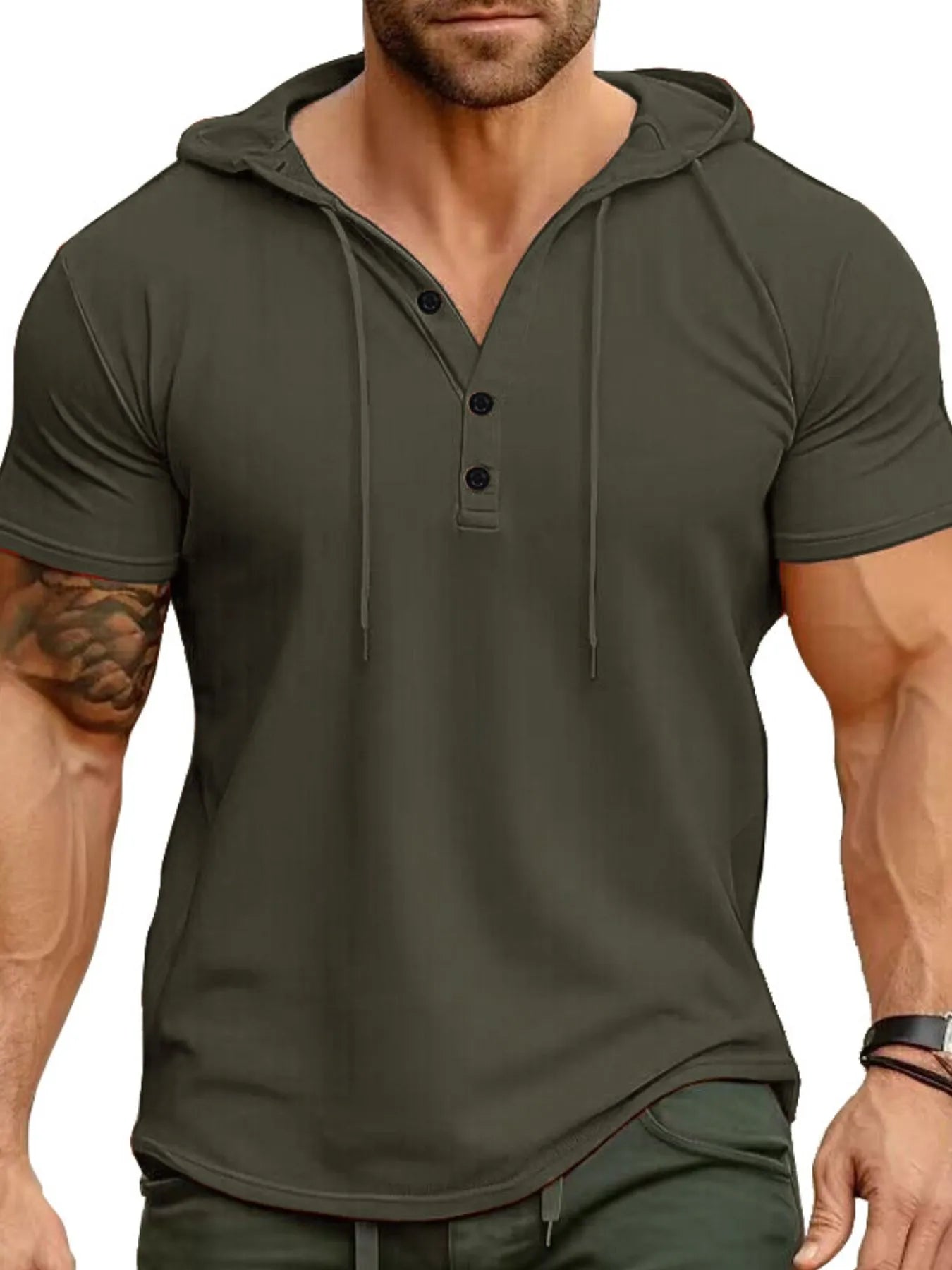 Camiseta Henley con Capucha Casual para Hombre en Tallas Grandes