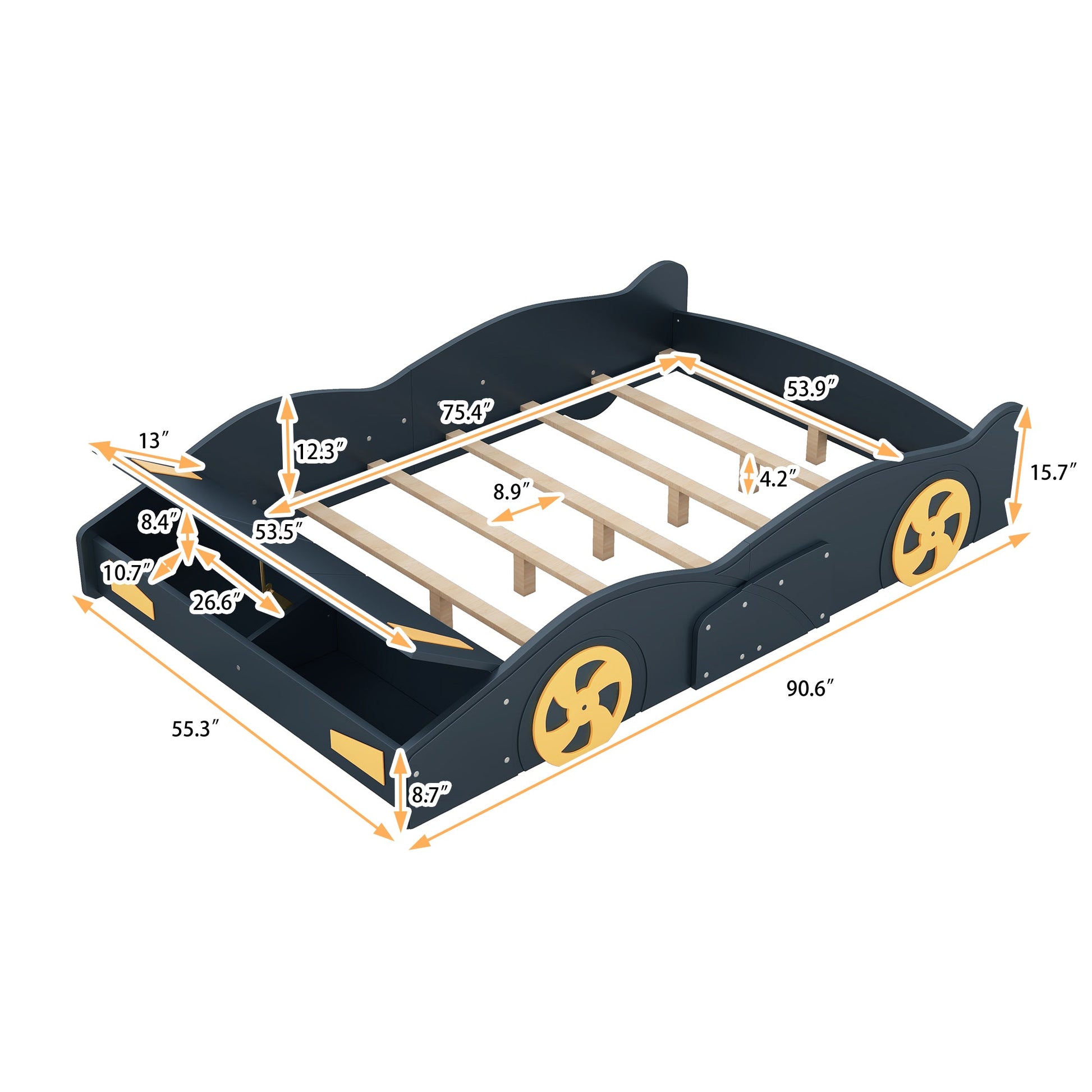 Full Size Race Car-Shaped Platform Bed with Wheels and Storage, Dark Blue+Yellow - Korvel