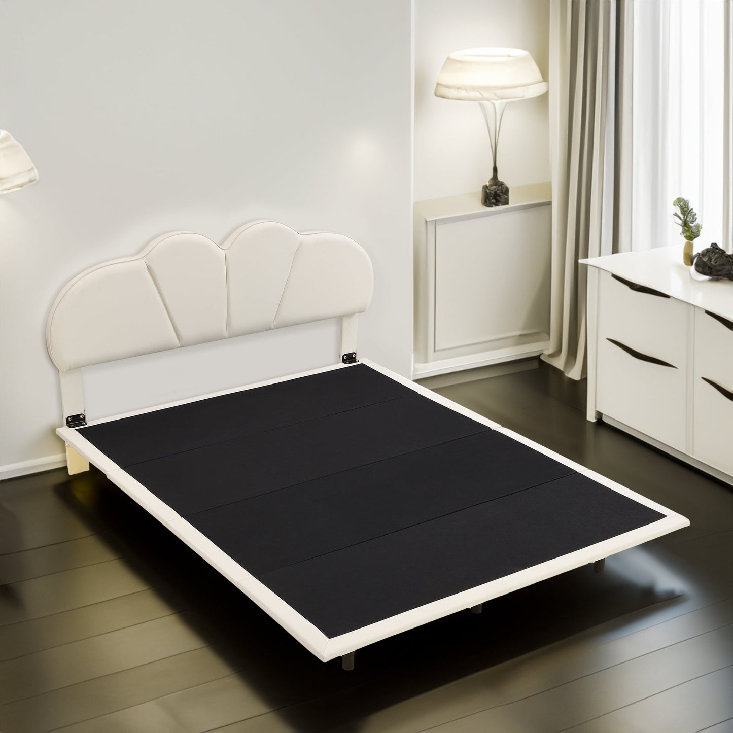 Queen Size Upholstery LED Floating Bed with PU Leather Headboard and Support Legs,Beige - Korvel
