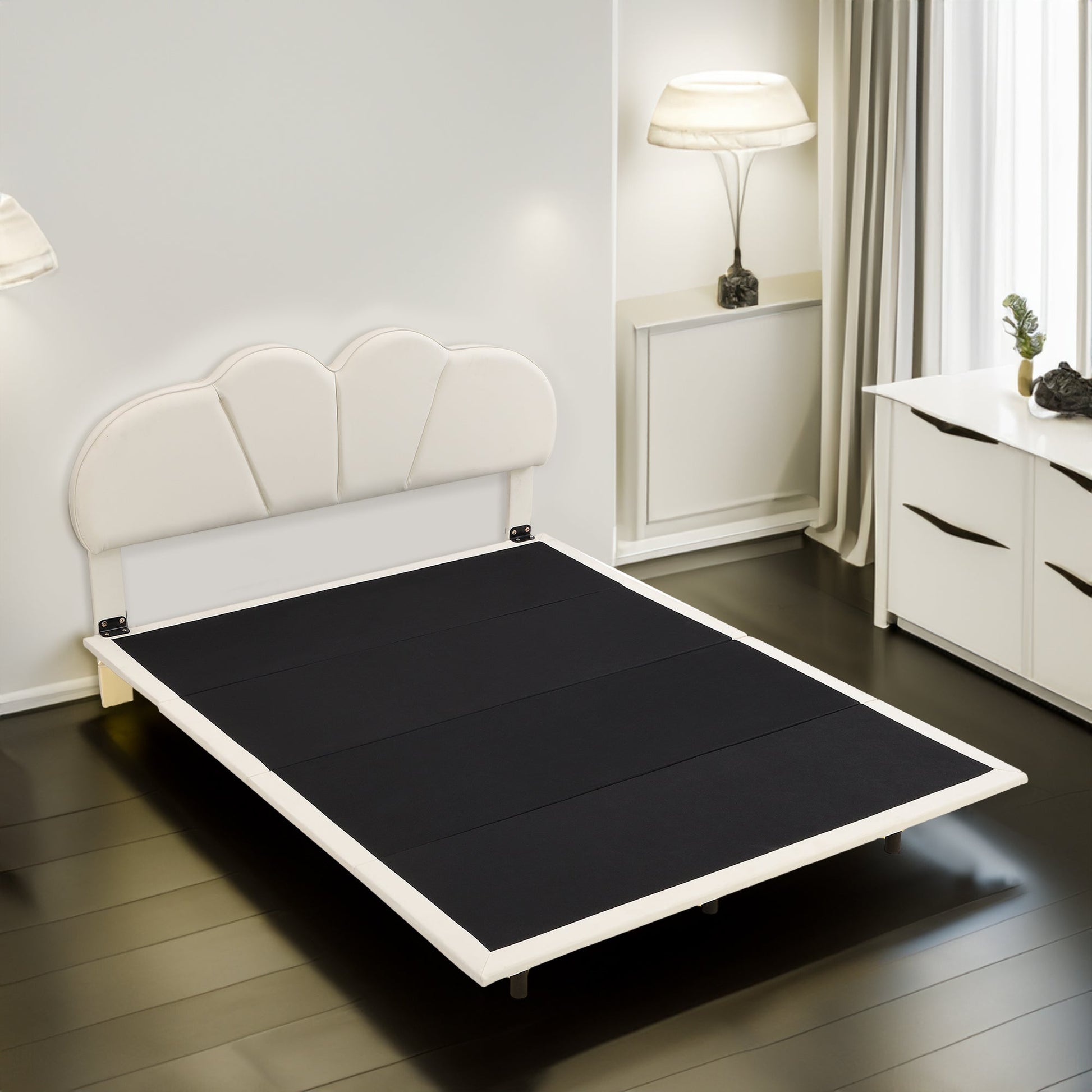 Queen Size Upholstery LED Floating Bed with PU Leather Headboard and Support Legs,Beige - Korvel