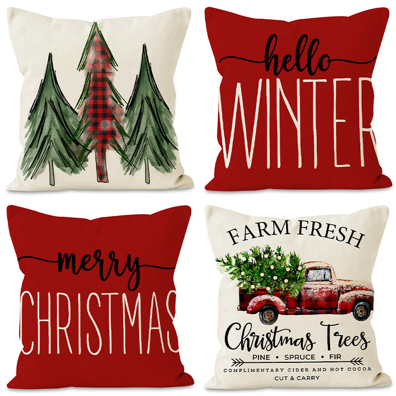 Housse de coussin en lin imprimée d'arbre de Noël pour décoration de vacances