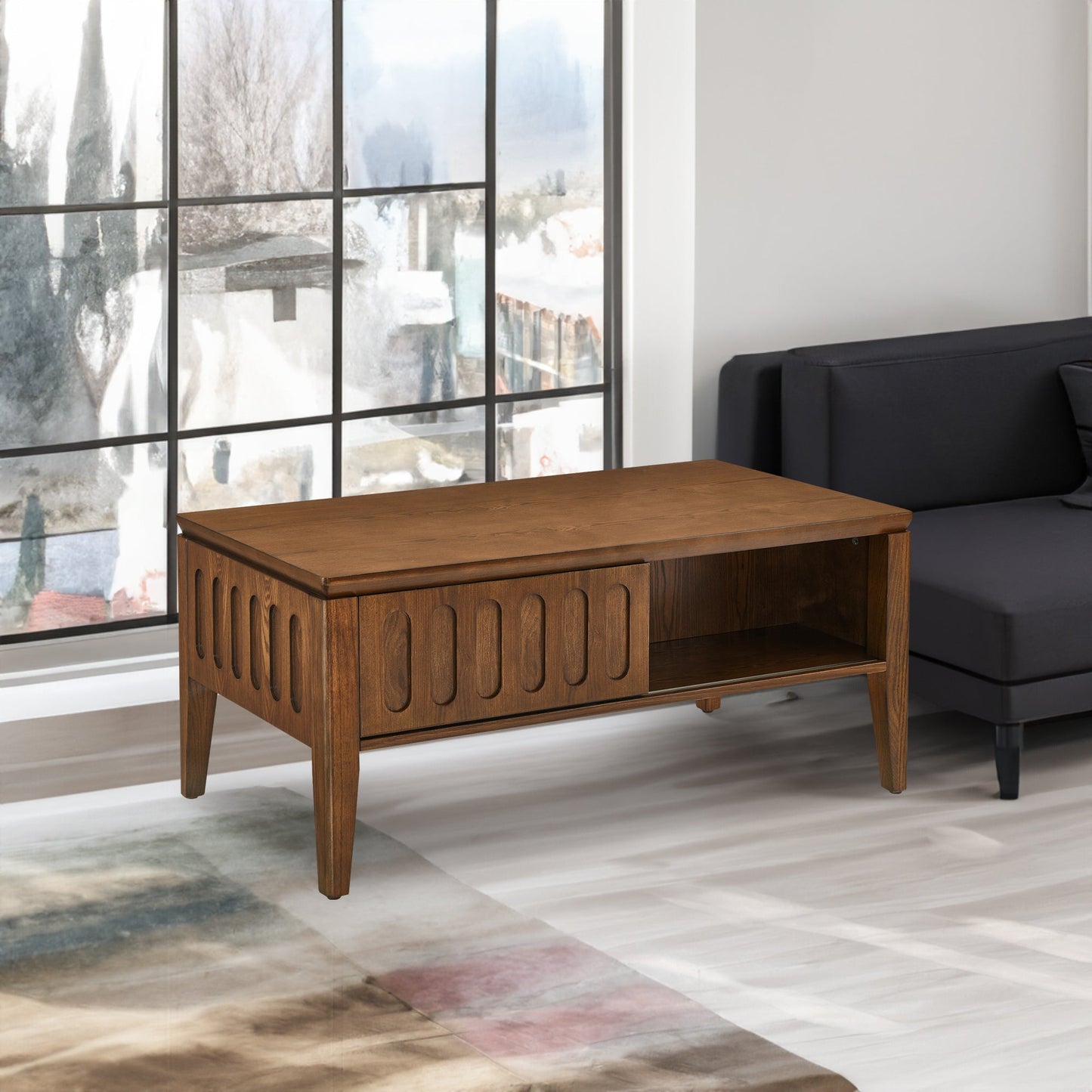 Medieval modern flute coffee table with storage sliding door and solid wood legs, vintage farmhouse wood central table - Korvel