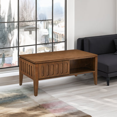 Medieval modern flute coffee table with storage sliding door and solid wood legs, vintage farmhouse wood central table - Korvel
