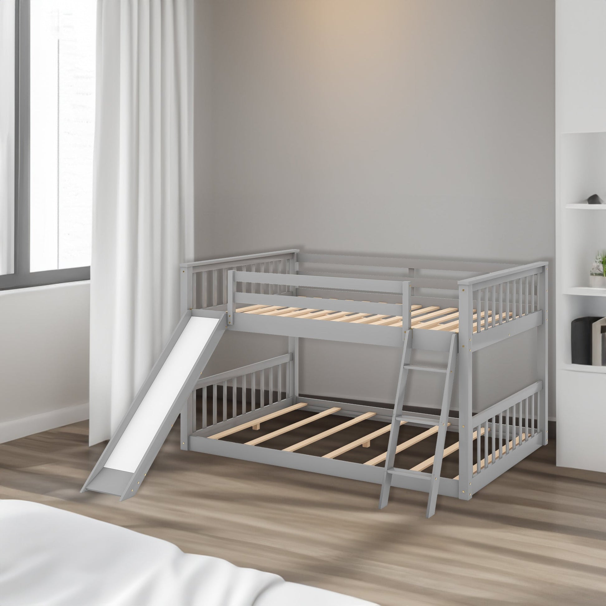 Full over Full Bunk Bed with Convertible Slide and Ladder  Gray - Korvel