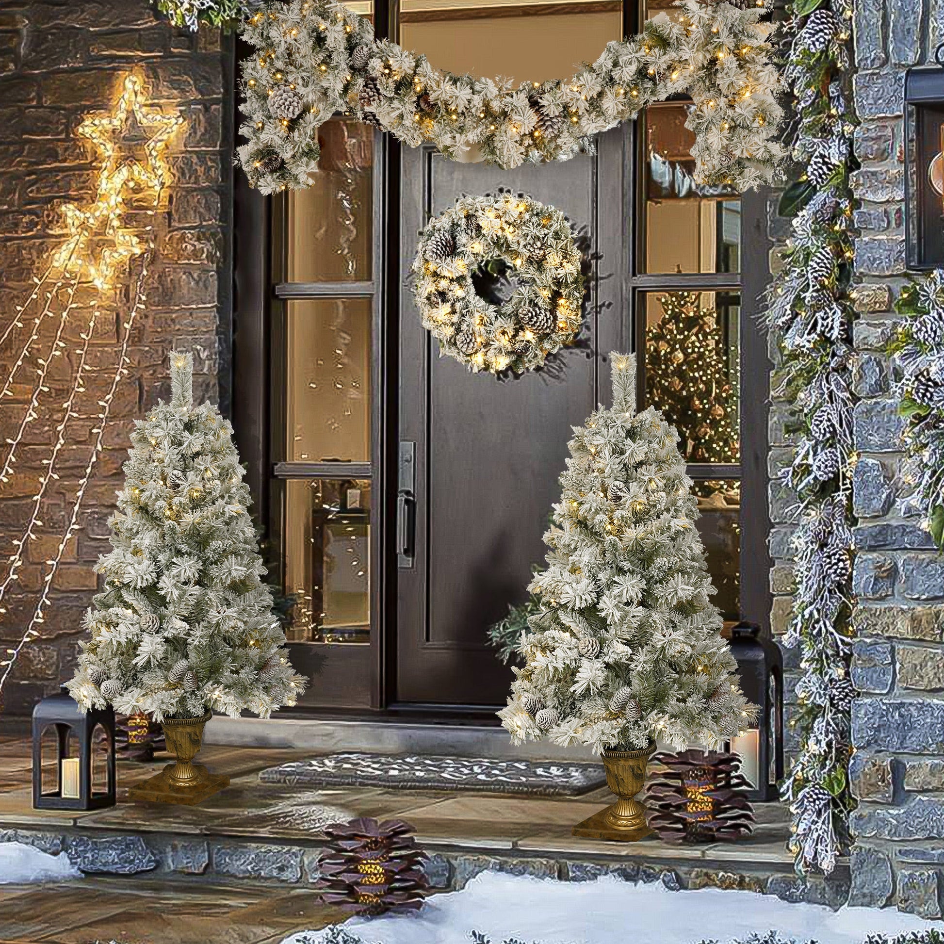 A set of 4 artificial Christmas trees, including flower garlands, flower garlands, and 2 entrance trees, with LED lights - Korvel