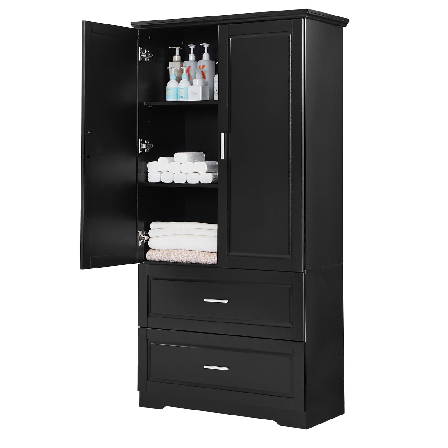Tall Bathroom Storage Cabinet, Cabinet with Two Doors and Drawers, Adjustable Shelf, MDF Board, Black - Korvel