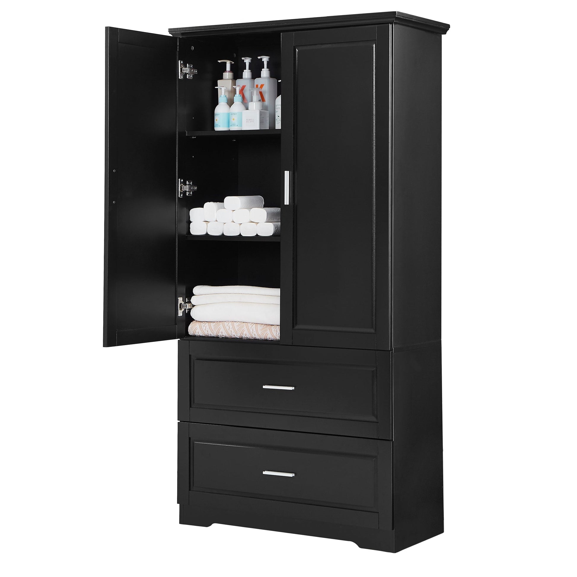 Tall Bathroom Storage Cabinet, Cabinet with Two Doors and Drawers, Adjustable Shelf, MDF Board, Black - Korvel