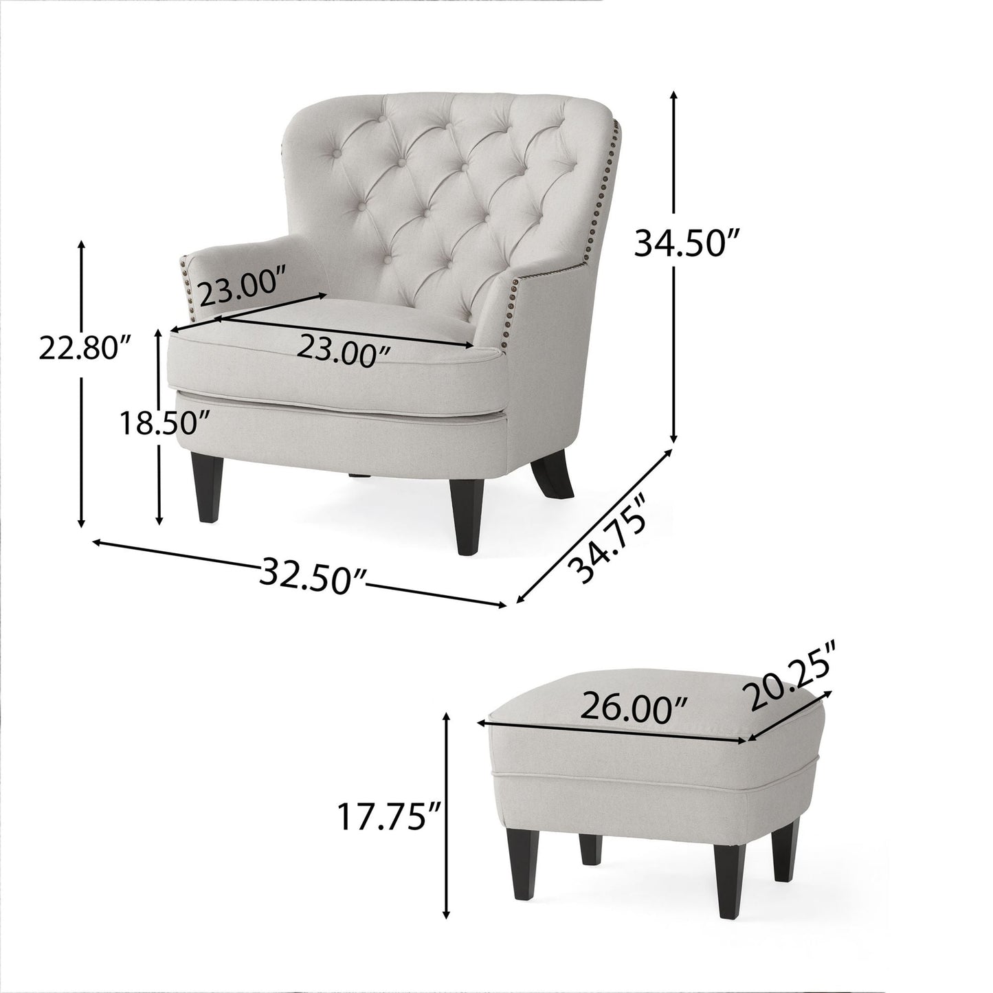 Modern light grey fabric club chair and Ottoman set, stylish cushioned armchair, paired with Ottoman style - Korvel