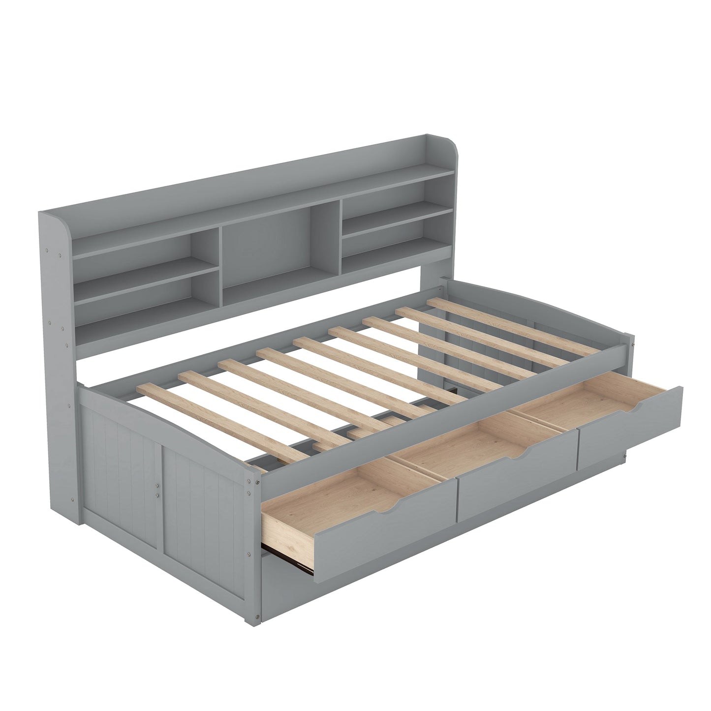 Twin Size Wooden Captain Bed with Built-in Bookshelves,Three Storage Drawers and Trundle Light Grey - Korvel