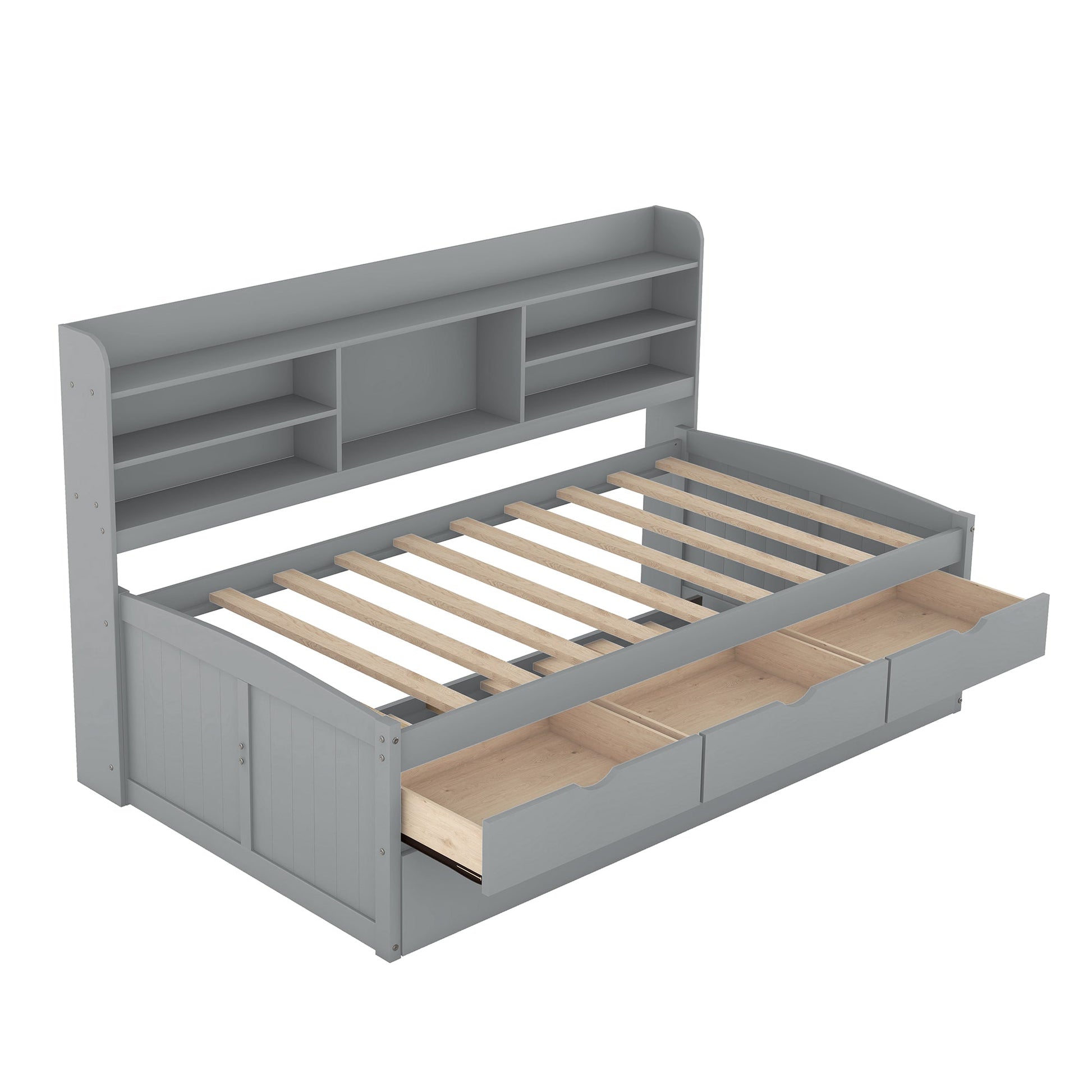 Twin Size Wooden Captain Bed with Built-in Bookshelves,Three Storage Drawers and Trundle Light Grey - Korvel