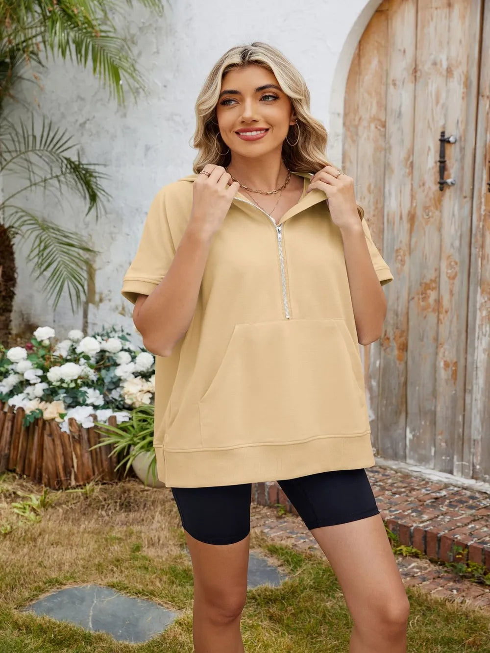 Half Zip Short Sleeve Hooded Top - Korvel