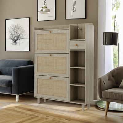 Natural Bohemian style shoe cabinet with 3 rattan flip drawers, 3 square shelves, and 1 storage drawer,  Natural - Korvel