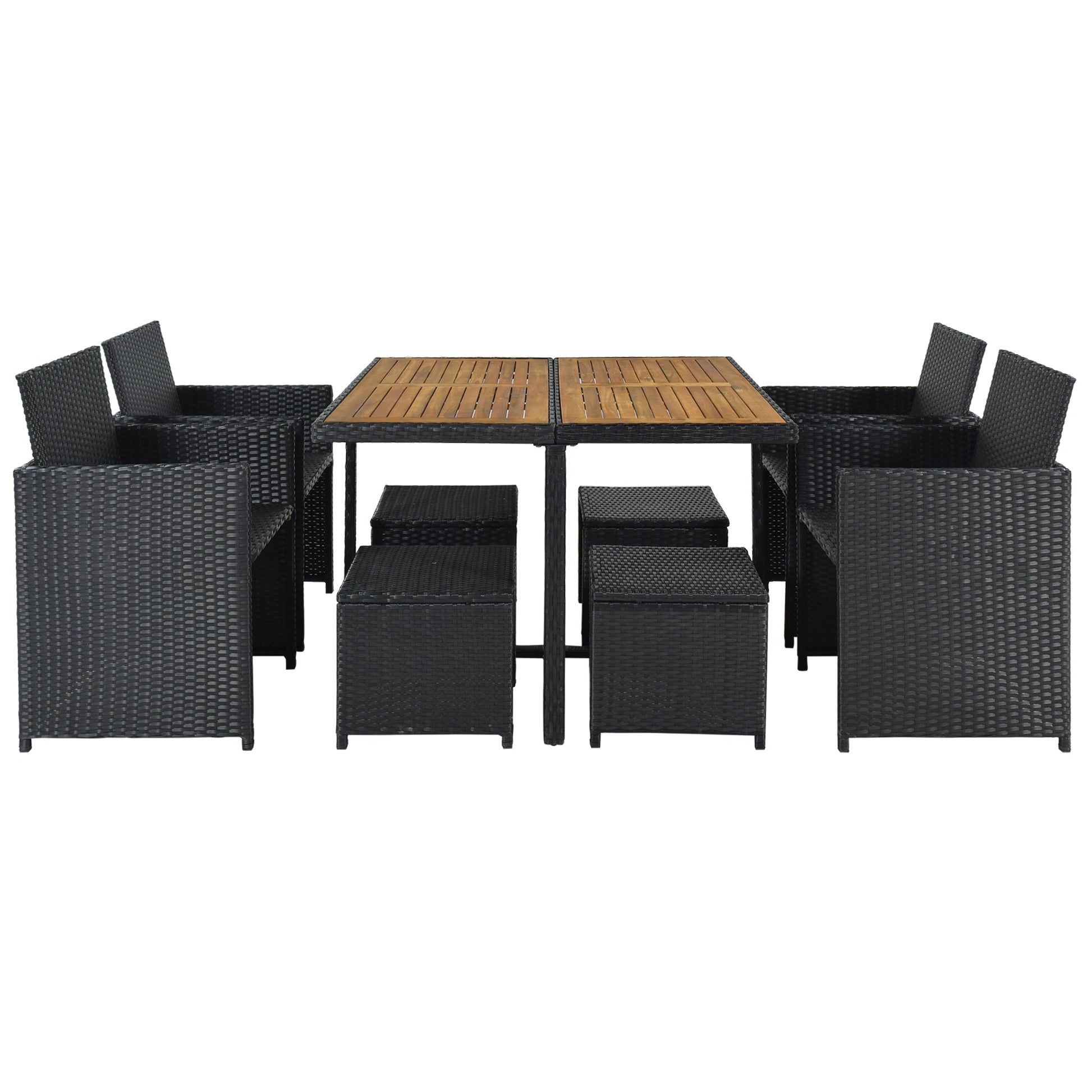 TOPMAX Patio All-Weather PE Wicker Dining Table Set with Wood Tabletop for 8, Black Rattan+Beige Cushion (9-Piece) - Korvel