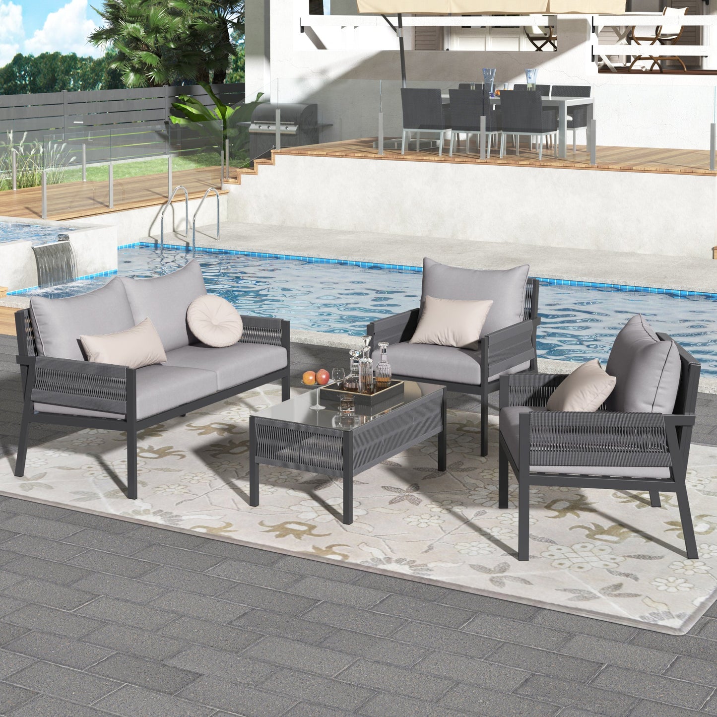 Outdoor Furniture with Tempered Glass Table Deep Seating with Thick Cushion for Backyard Porch Balcony (Grey) - Korvel