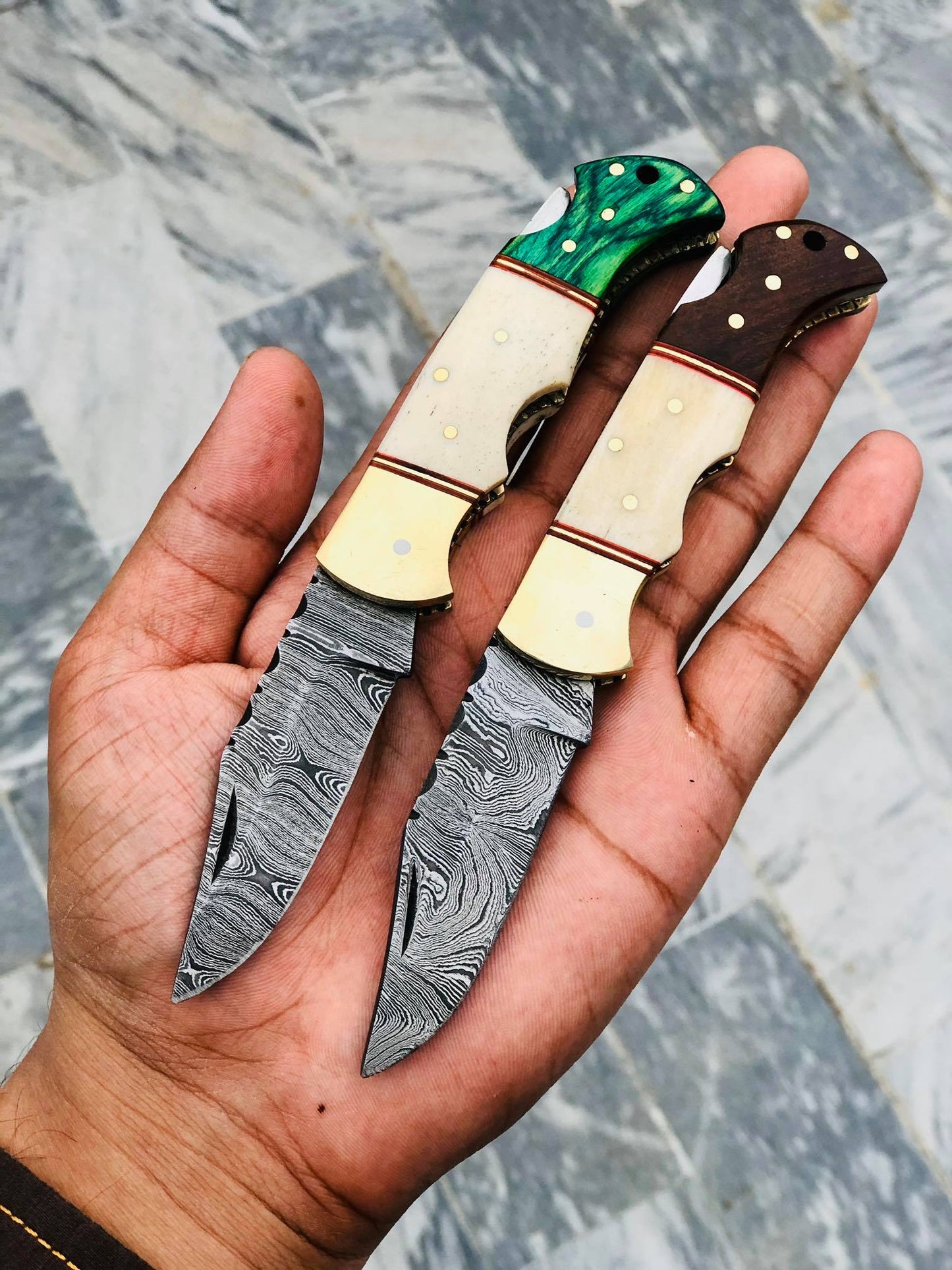 Premium Damascus Steel Folding Pocket Knife with Elegant Bone-Rosewood and Green Wood Handle, 3-Inch Blade - Korvel