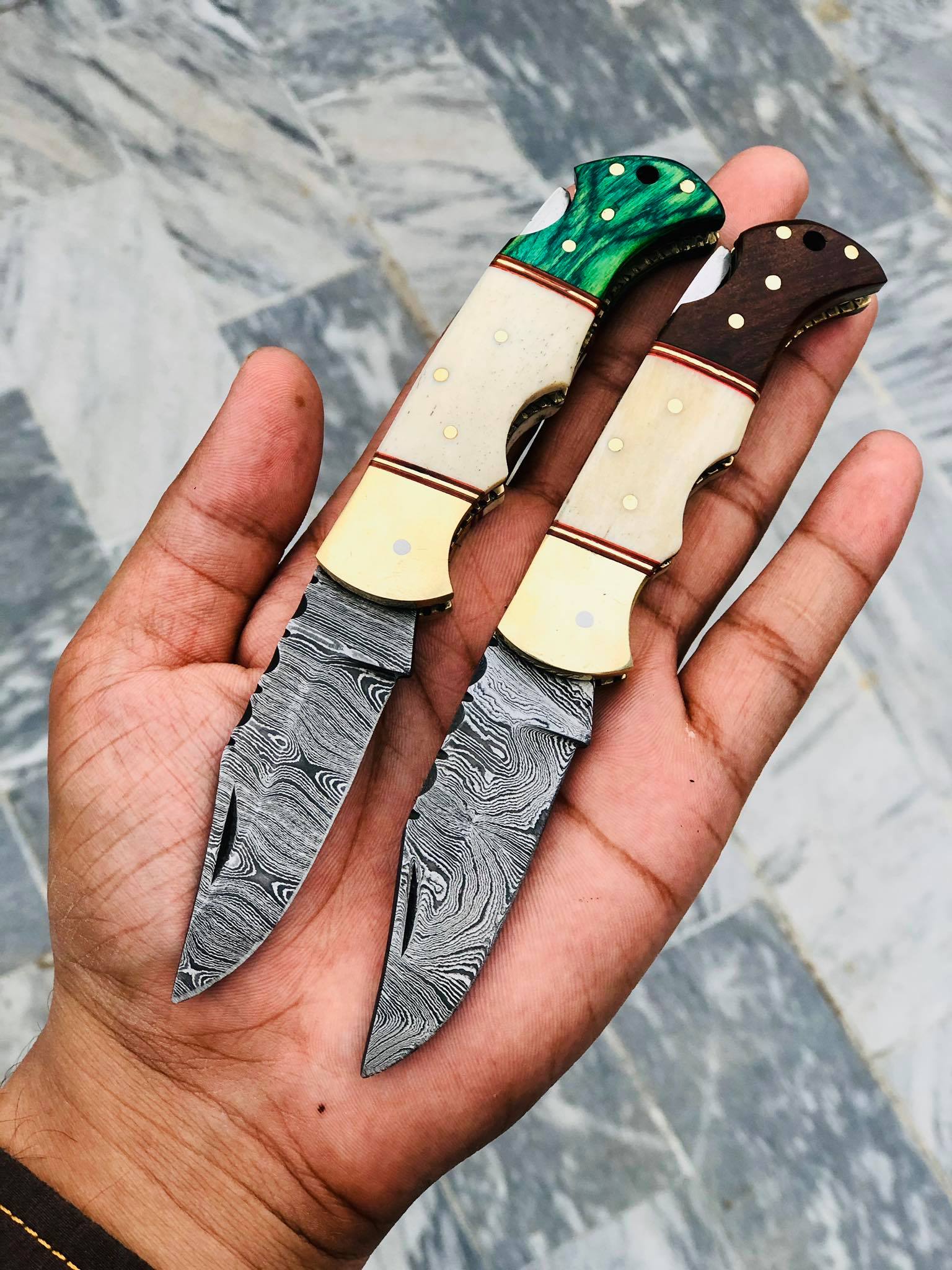 Premium Damascus Steel Folding Pocket Knife with Elegant Bone-Rosewood and Green Wood Handle, 3-Inch Blade - Korvel