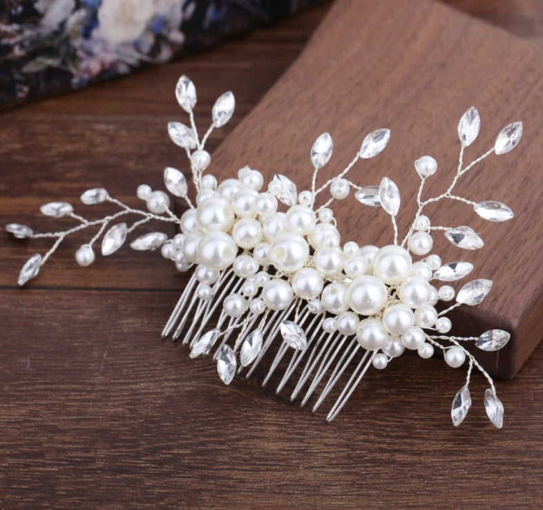 Handmade pearl flower inlaid with diamonds full of diamond comb comb - Korvel