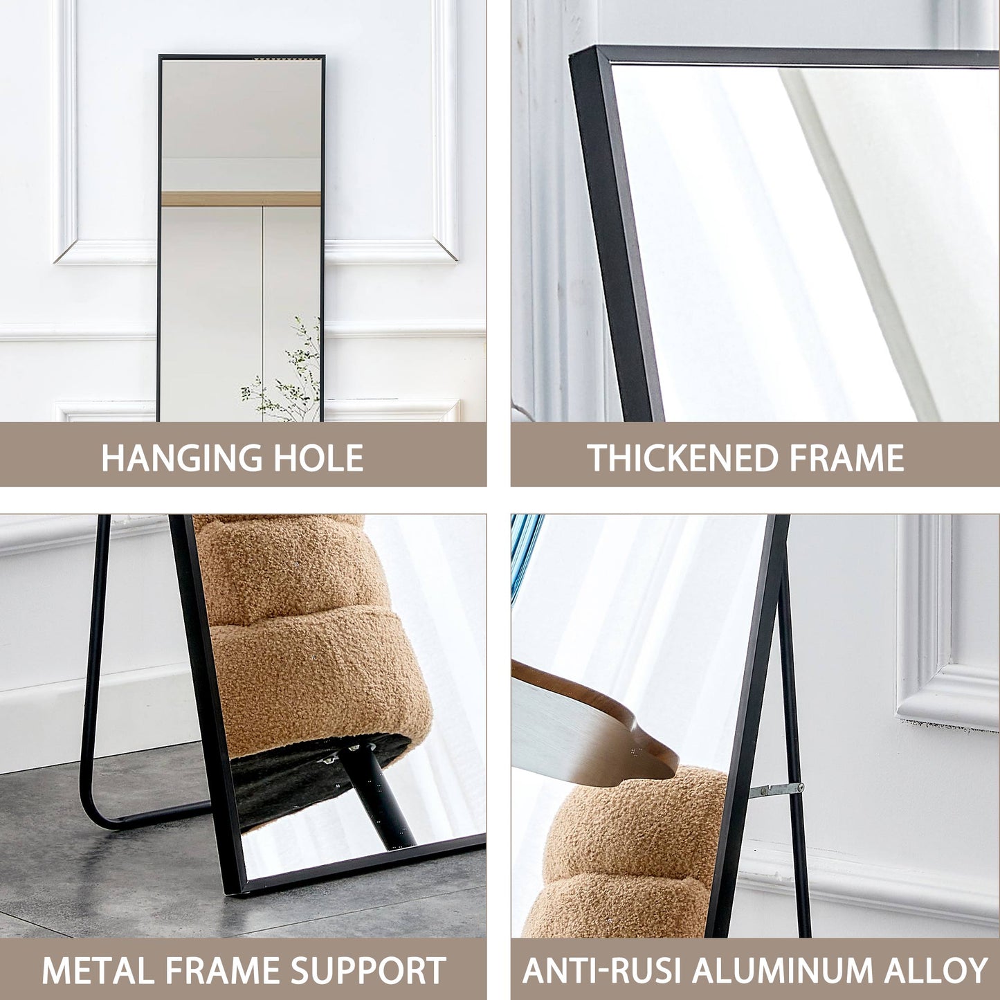 Aluminum alloy metal frame wall mounted full-length mirror black 65 * 23“ - Korvel