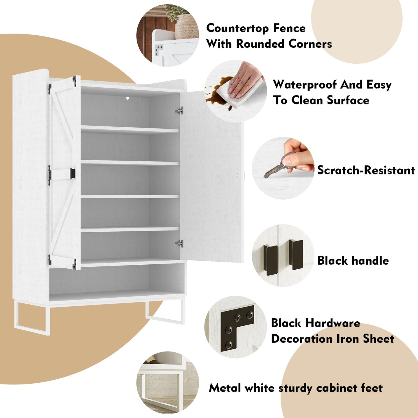 Shoe Cabinet with Doors, 6-Tier Shoe Storage Cabinet with Adjustable Shelves, Wooden Shoes Rack Shoe Storage Organizer - Korvel