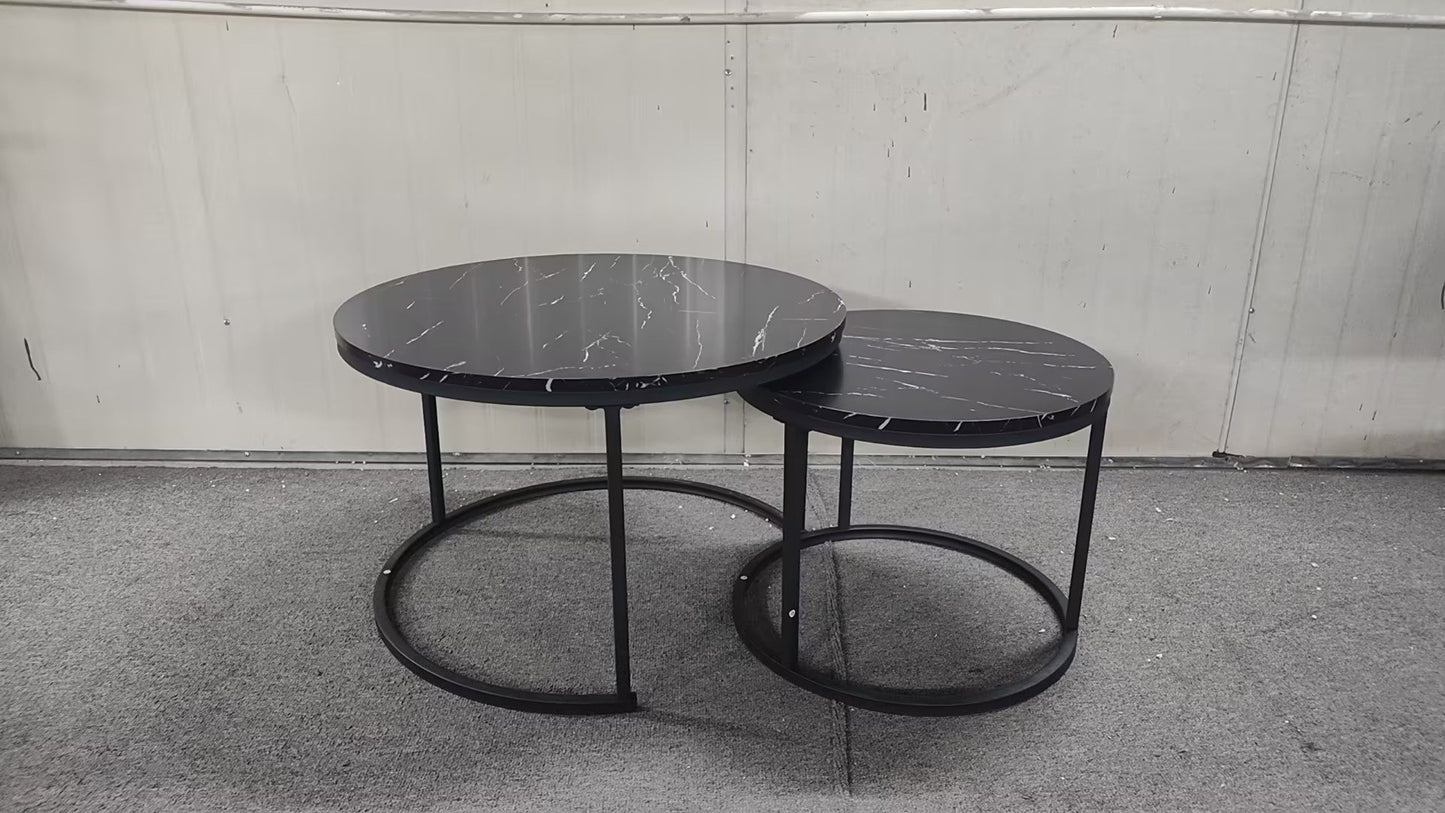 A set of nested coffee tables, 27.6-inch round coffee table, wooden marble patterned tabletop, sturdy metal frame (black) - Korvel