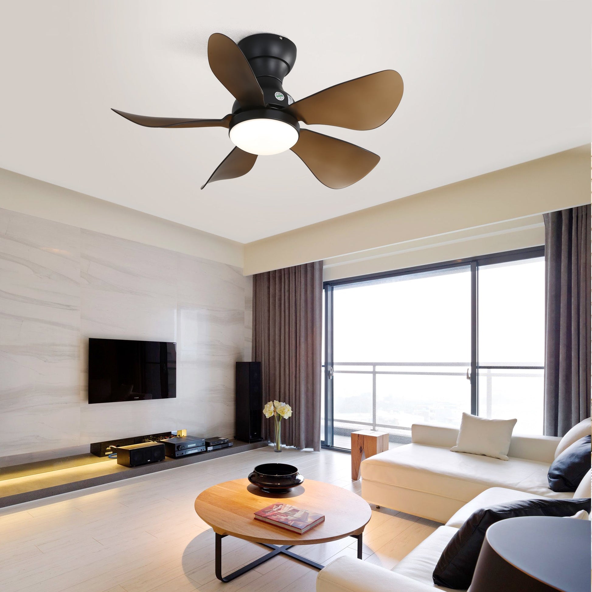 29 Inch Low Profile Flush Mount Ceiling Fan with Light Reversible Motor Remote Control - Korvel