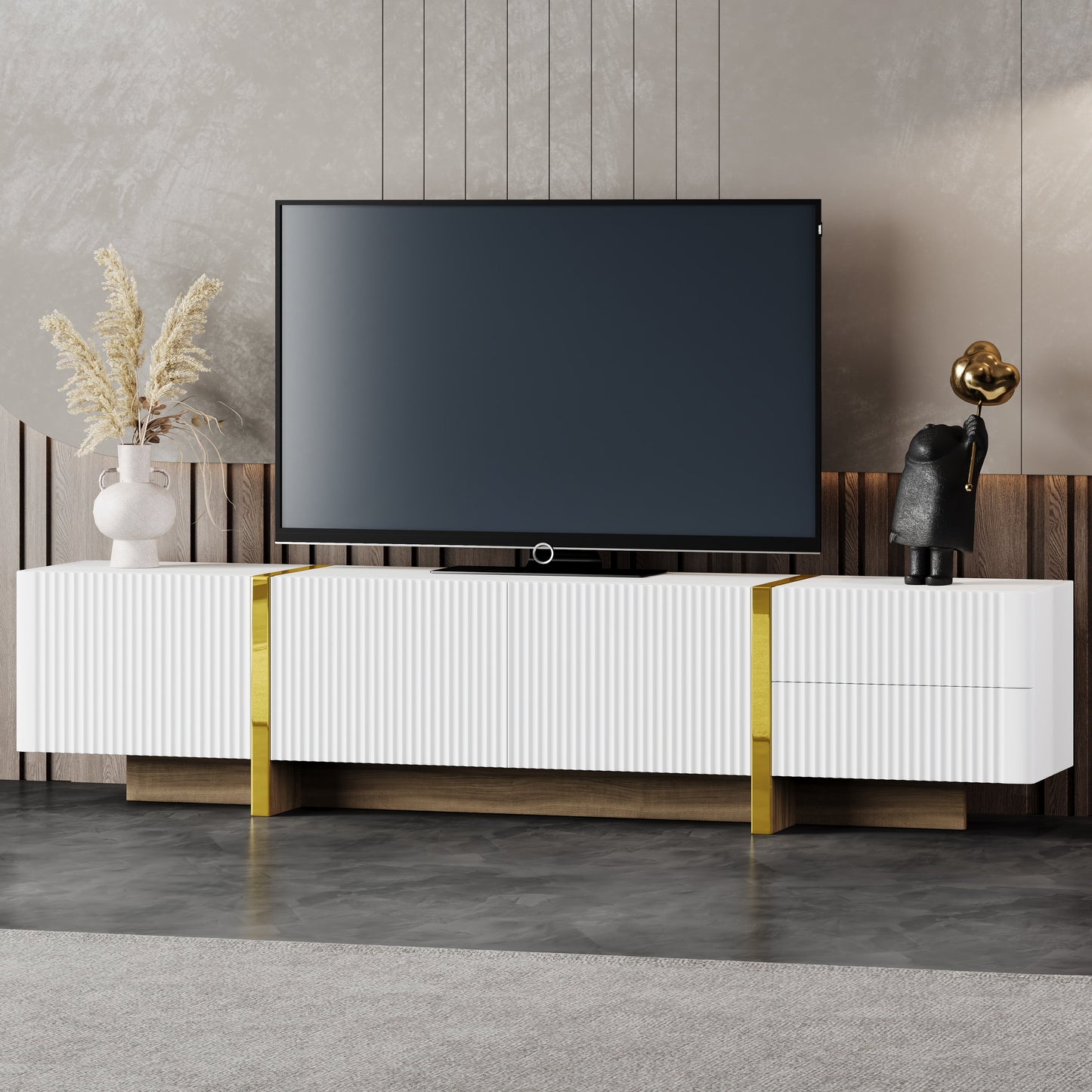 Luxury Fluted TV Stand for TVs Up to 80'', Modern Entertainment Center with Storage Cabinets & Drawer White - Korvel