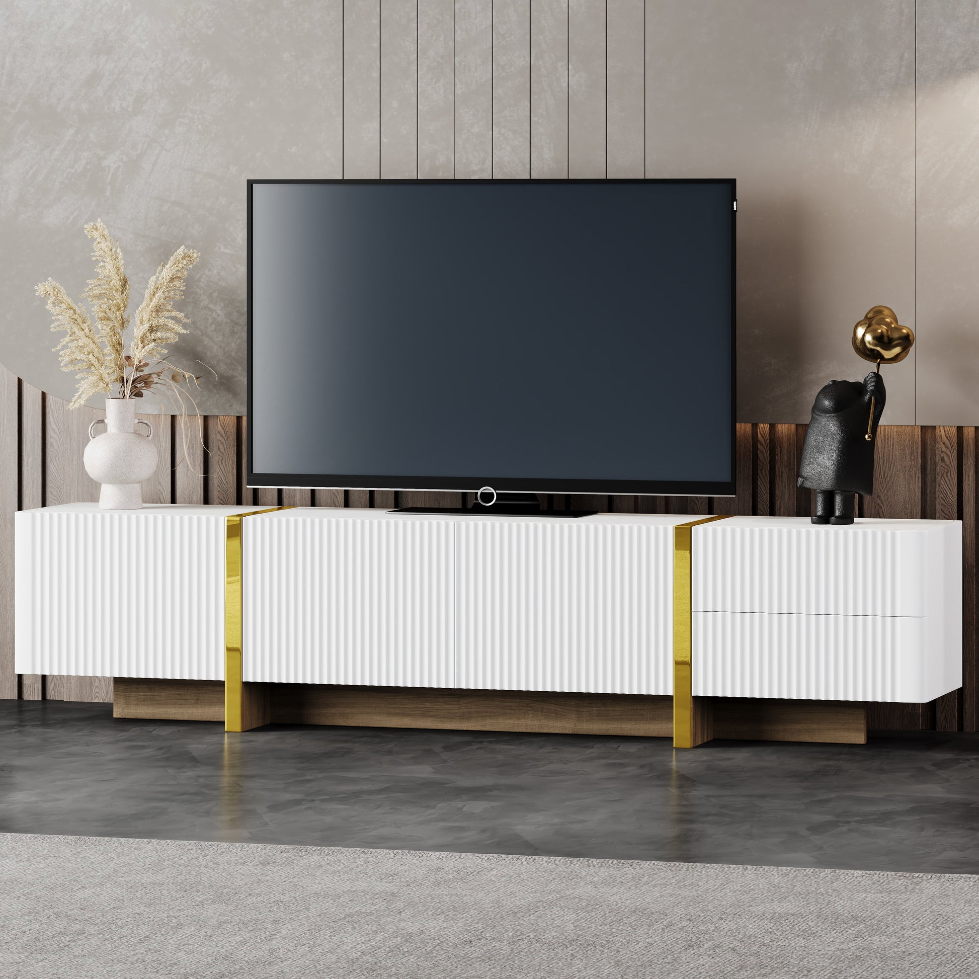Luxury Fluted TV Stand for TVs Up to 80'', Modern Entertainment Center with Storage Cabinets & Drawer White - Korvel