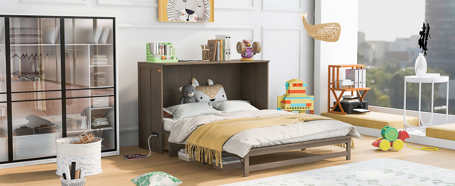 Queen Size Murphy Bed with Built-In Charging Station  Antique Grey - Korvel