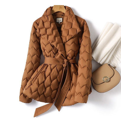 Winter Ripple-Stitch Puffer Jacket with Belt