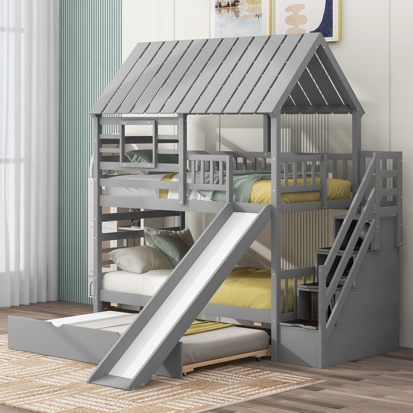 Lit superposé jumeau sur jumeau avec trundle et toboggan - Gris
