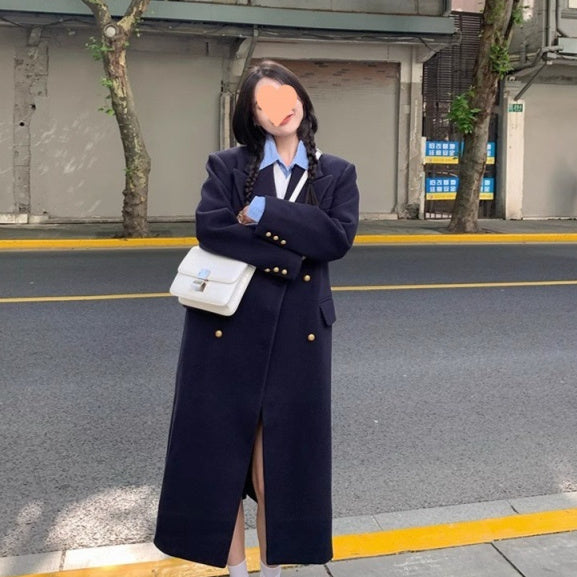 Navy Blue Women's Structured Wool Coat with Elegant Design