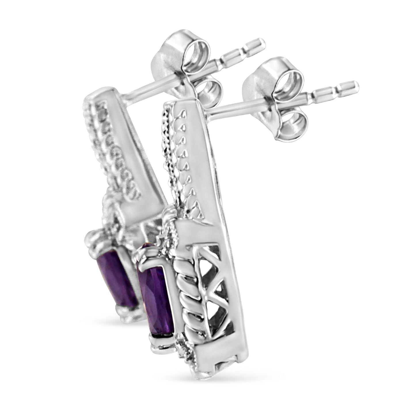 Boucles d'oreilles en argent sterling .925 avec améthyste naturelle ovale et accents de diamant