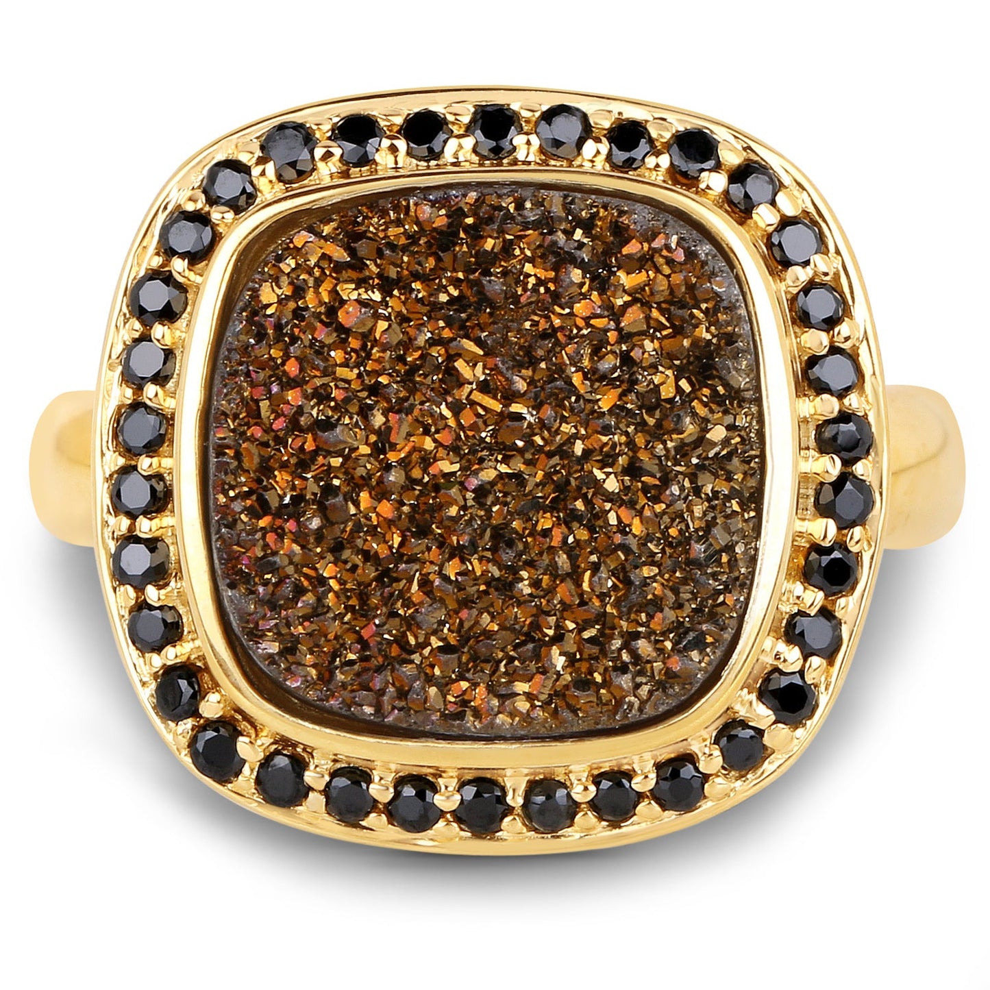 Anillo de cóctel de cuarzo drusy y espinela negra chapado en oro amarillo de 14K